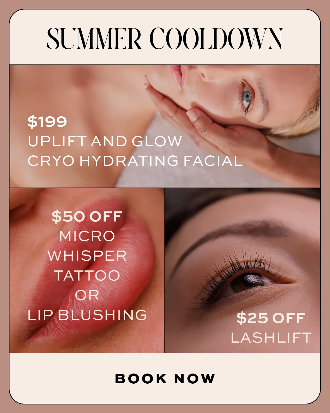 August Summer Cooldown special — $199 Cryo Hydrating Facial, $50 off lip blushing, $25 off lash lift in Brentwood LA